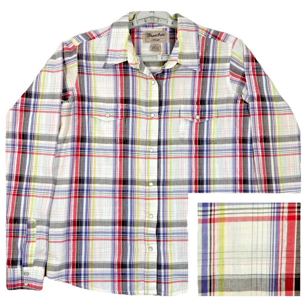 Wrangler Shirt Women L Pearl Snap Up White Pink Lime Silver Plaid Western Rodeo